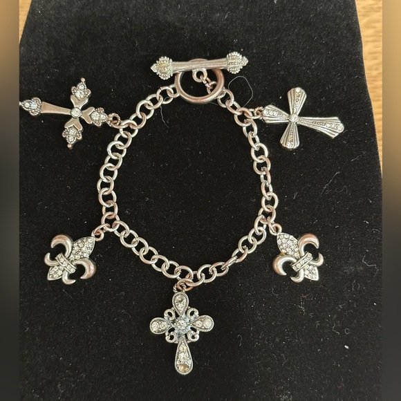Jewelry - Silver Tone Cross & Fleur-de-Lis Charm Bracelet - Women's Jewelry